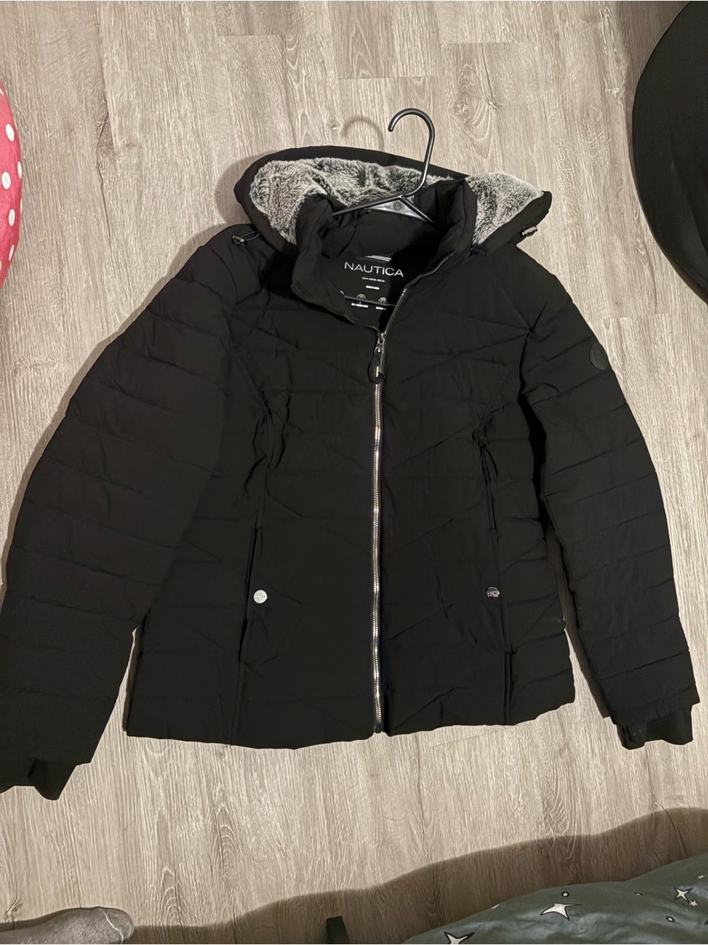 Nautica Black Quilted Hooded Jacket with Faux-Fur Trim